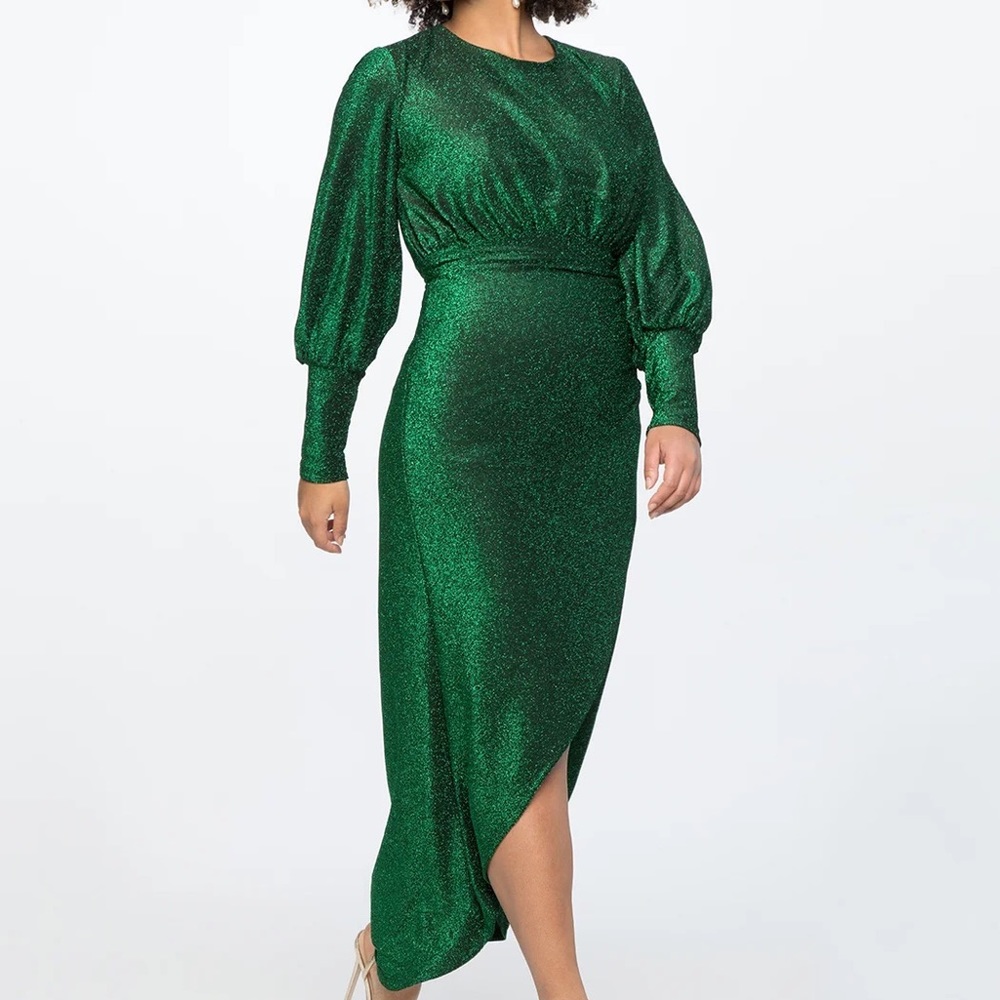 ELOQUII Long Sleeve High Low Emerald Green Sparkle Dress Size 18